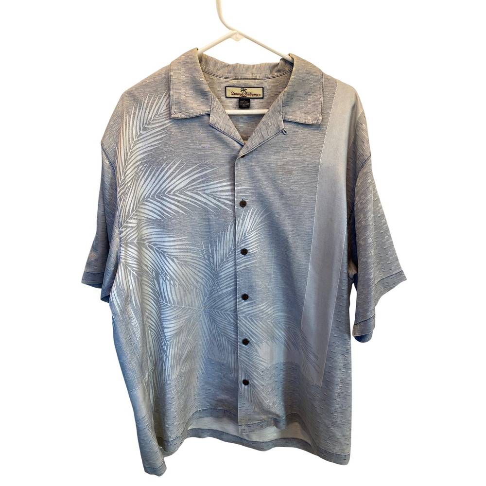 Tommy Bahama Silk Silver Palm Leaf Print Short Sleeve Button Up Shirt Mens Large